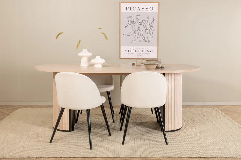Biana Spisegruppe 200 cm Oval inkl. 4 Valera Cordfløyelstole, Beige/Svart/Beige