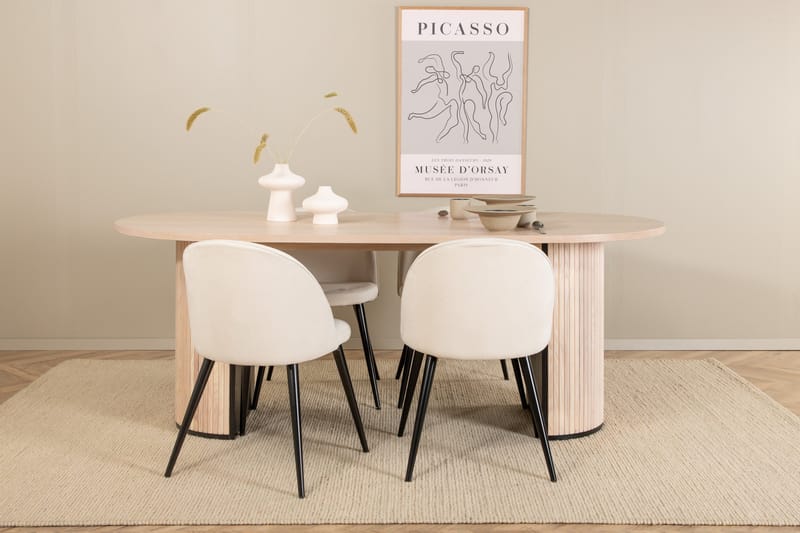Biana Spisegruppe 200 cm Oval inkl. 4 Valera Cordfløyelstole, Beige/Svart/Beige
