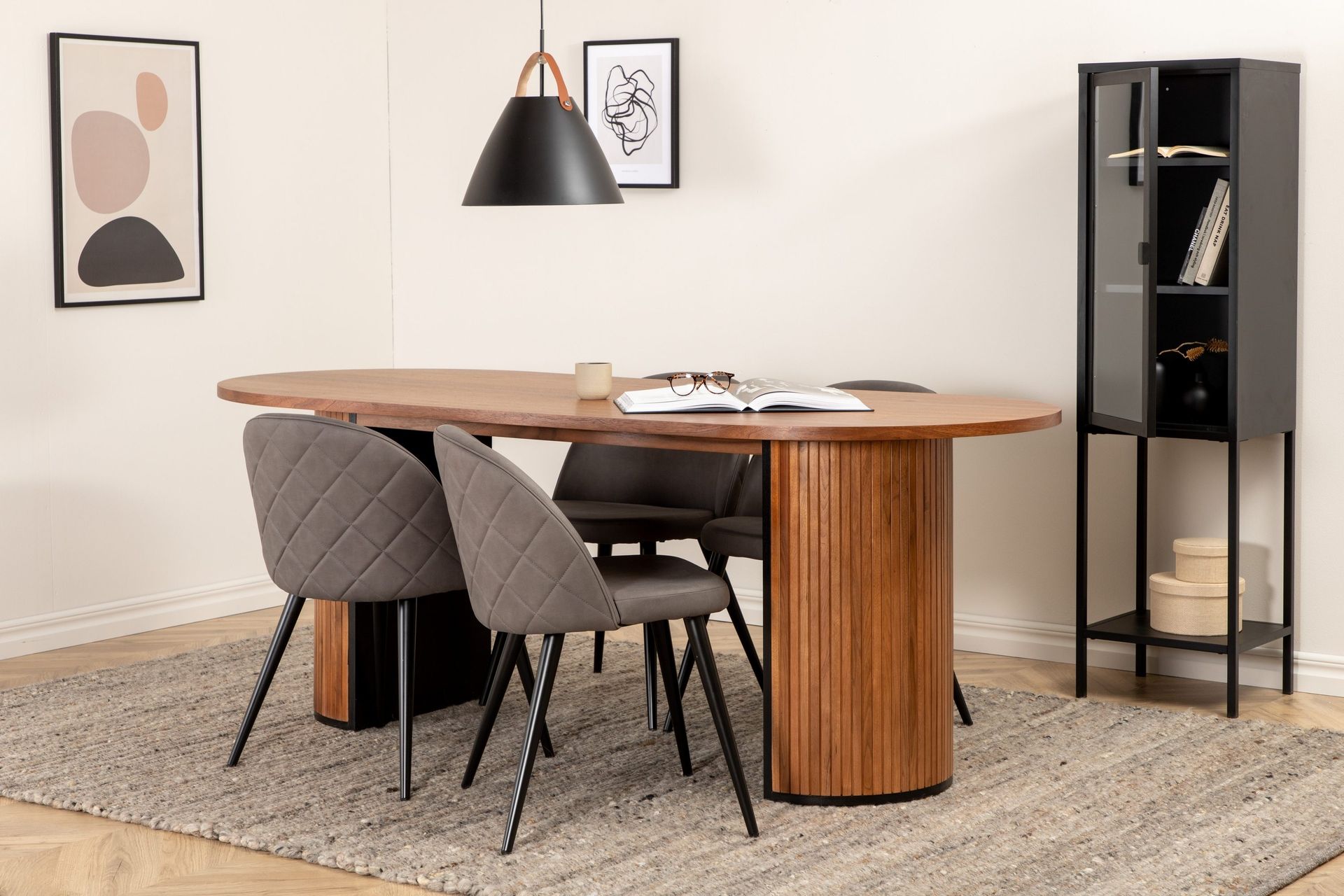 Biana Spisegruppe 200 cm Oval inkl. 4 Velvets Stoler - Valnøttbrun/Grå/Svart