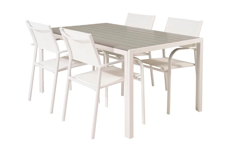 Buitepos Spisegruppe + 4 Langstrand Karmstoler, Polywood/Hvit
