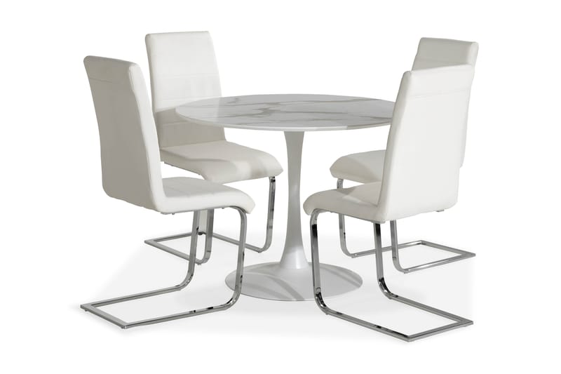 Caitly Spisegruppe 100 cm Rund med 4 Cibus Stoler - Hvit PU/Krom - Møbler - Bord - Spisegrupper