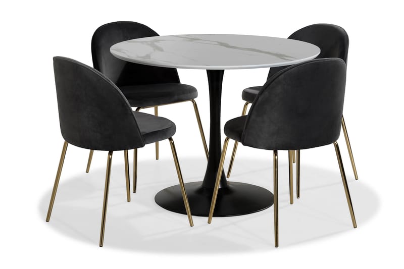 Caitly Spisegruppe 100 cm Rund med 4 Felipe Stoler Fløyel - Hvit/Grå/Messing - Møbler - Bord - Spisegrupper