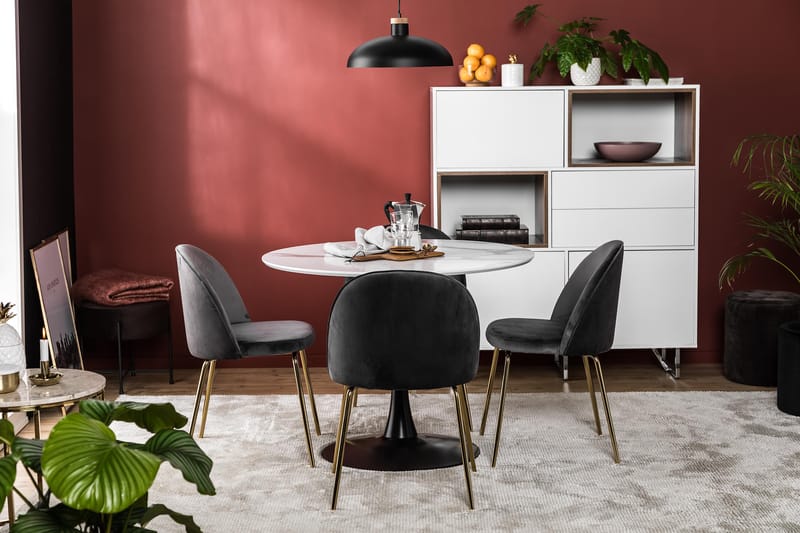 Caitly Spisegruppe 100 cm Rund med 4 Felipe Stoler Fløyel - Hvit/Grå/Messing - Møbler - Bord - Spisegrupper