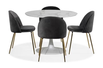 Caitly Spisegruppe 100 cm Rund med 4 Felipe Stoler Fløyel - Hvit/Grå/Messing - Møbler - Bord - Spisegrupper