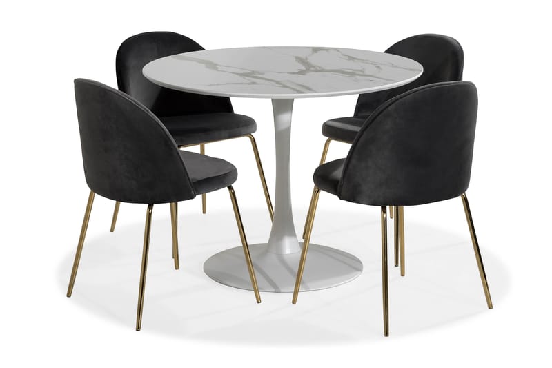 Caitly Spisegruppe 100 cm Rund med 4 Felipe Stoler Fløyel - Hvit/Grå/Messing - Møbler - Bord - Spisegrupper