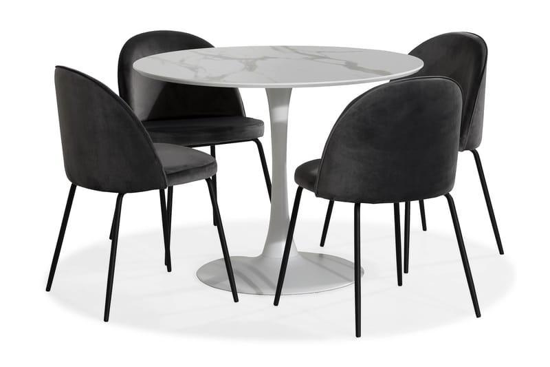 Caitly Spisegruppe 100 cm Rund med 4 Felipe Stoler Fløyel - Hvit/Grå/Svart - Møbler - Bord - Spisegrupper