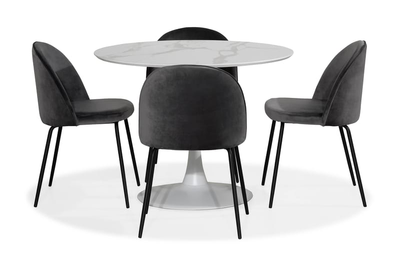 Caitly Spisegruppe 100 cm Rund med 4 Felipe Stoler Fløyel - Hvit/Grå/Svart - Møbler - Bord - Spisegrupper