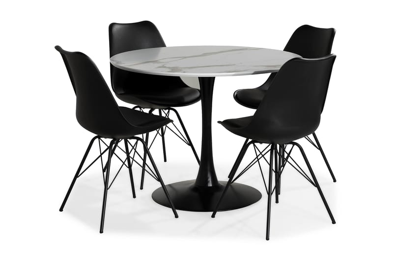 Caitly Spisegruppe 100 cm Rund med 4 Shell Stoler - Hvit/Svart PU/Metall - Spisegrupper