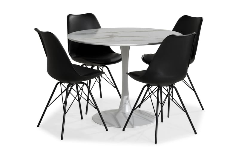 Caitly Spisegruppe 100 cm Rund med 4 Shell Stoler - Hvit/Svart PU/Metall - Spisegrupper