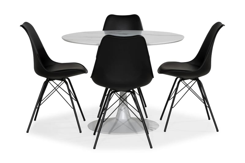 Caitly Spisegruppe 100 cm Rund med 4 Shell Stoler - Hvit/Svart PU/Metall - Møbler - Bord - Spisegrupper