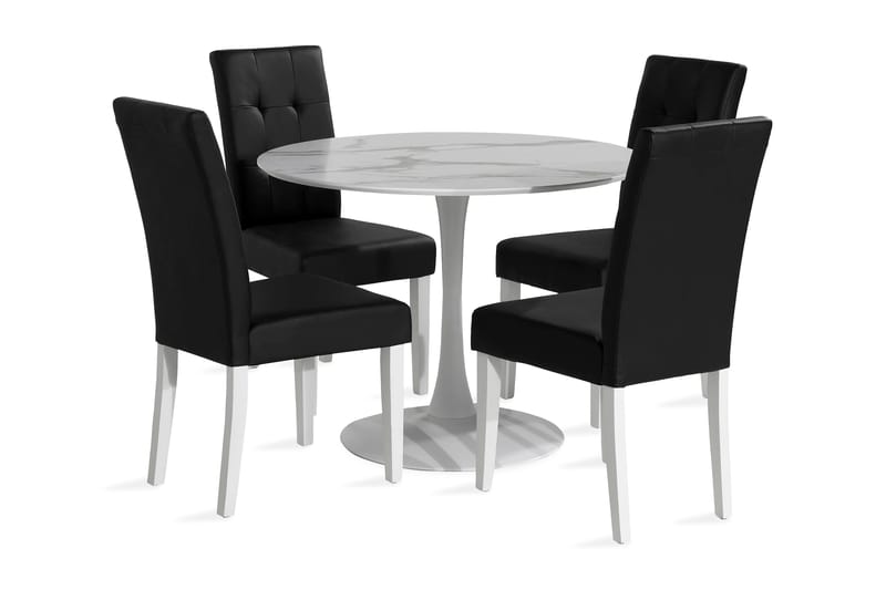 Caitly Spisegruppe 100 cm Rund med 4 Viktor Stoler - Hvit/Svart PU - Møbler - Bord - Spisegrupper