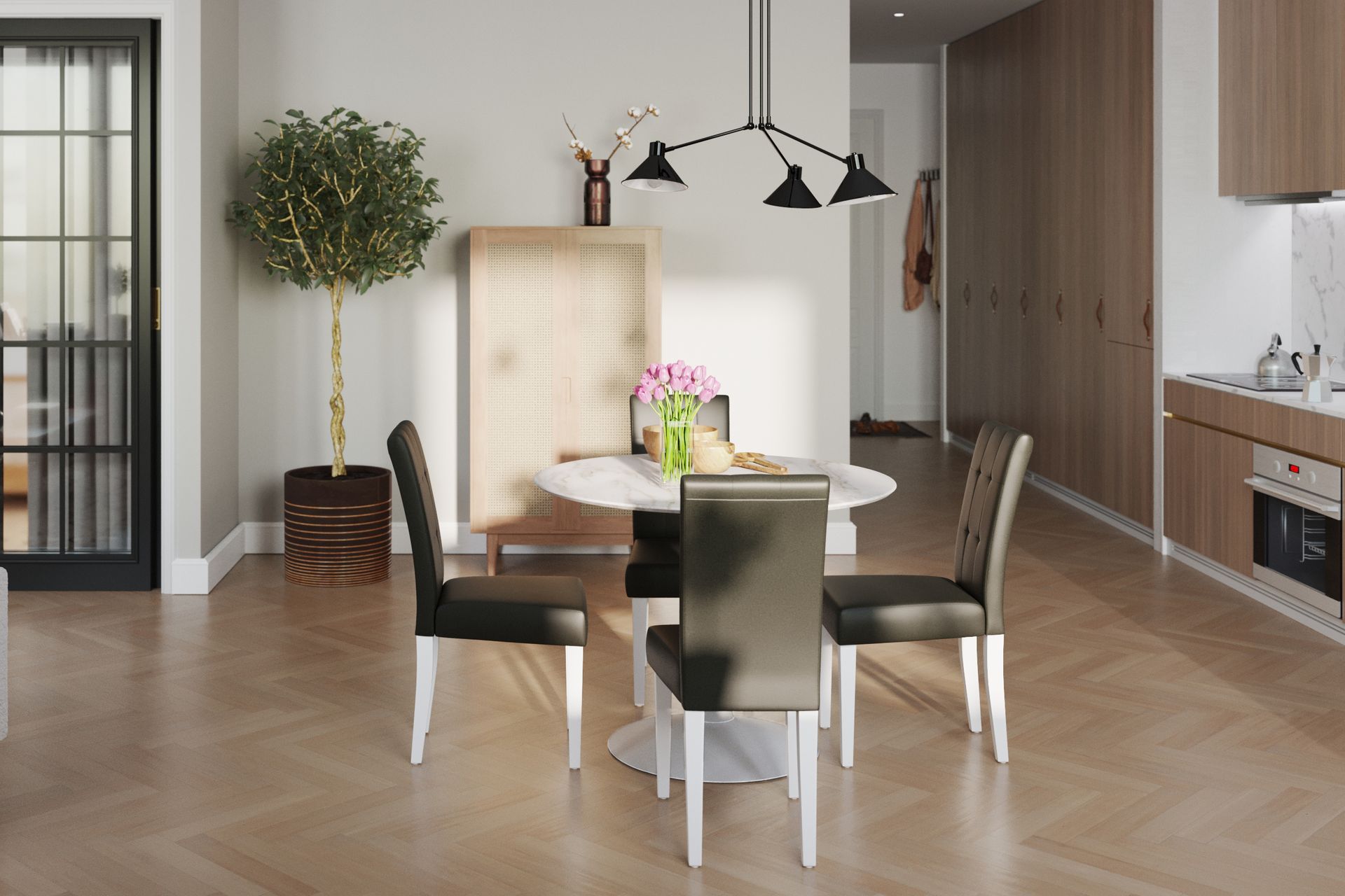 Caitly Spisegruppe 100 cm Rund med 4 Viktor Stoler - Hvit/Svart PU - Møbler - Bord - Spisegrupper