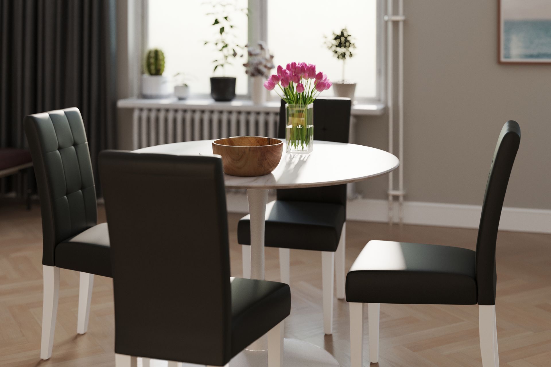 Caitly Spisegruppe 100 cm Rund med 4 Viktor Stoler - Hvit/Svart PU - Møbler - Bord - Spisegrupper