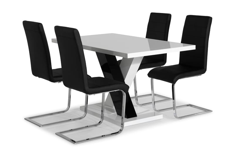 Cesi Spisegruppe 140 cm med 4 Cibus Stol - Hvit/Svart/Svart PU/Krom - Møbler - Bord - Spisegrupper