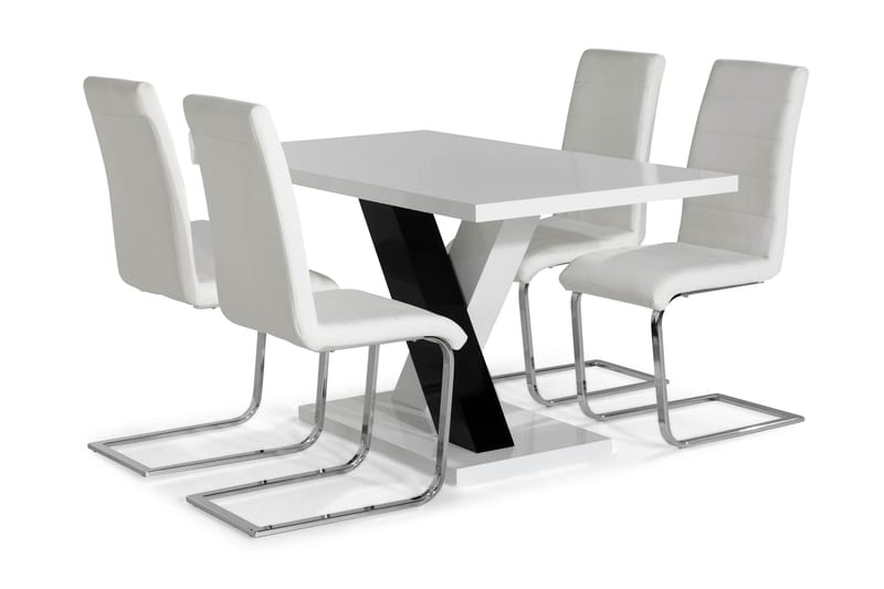 Cesi Spisegruppe 140 cm med 4 Cibus Stol - Hvit/Svart/Svart PU/Krom - Møbler - Bord - Spisegrupper