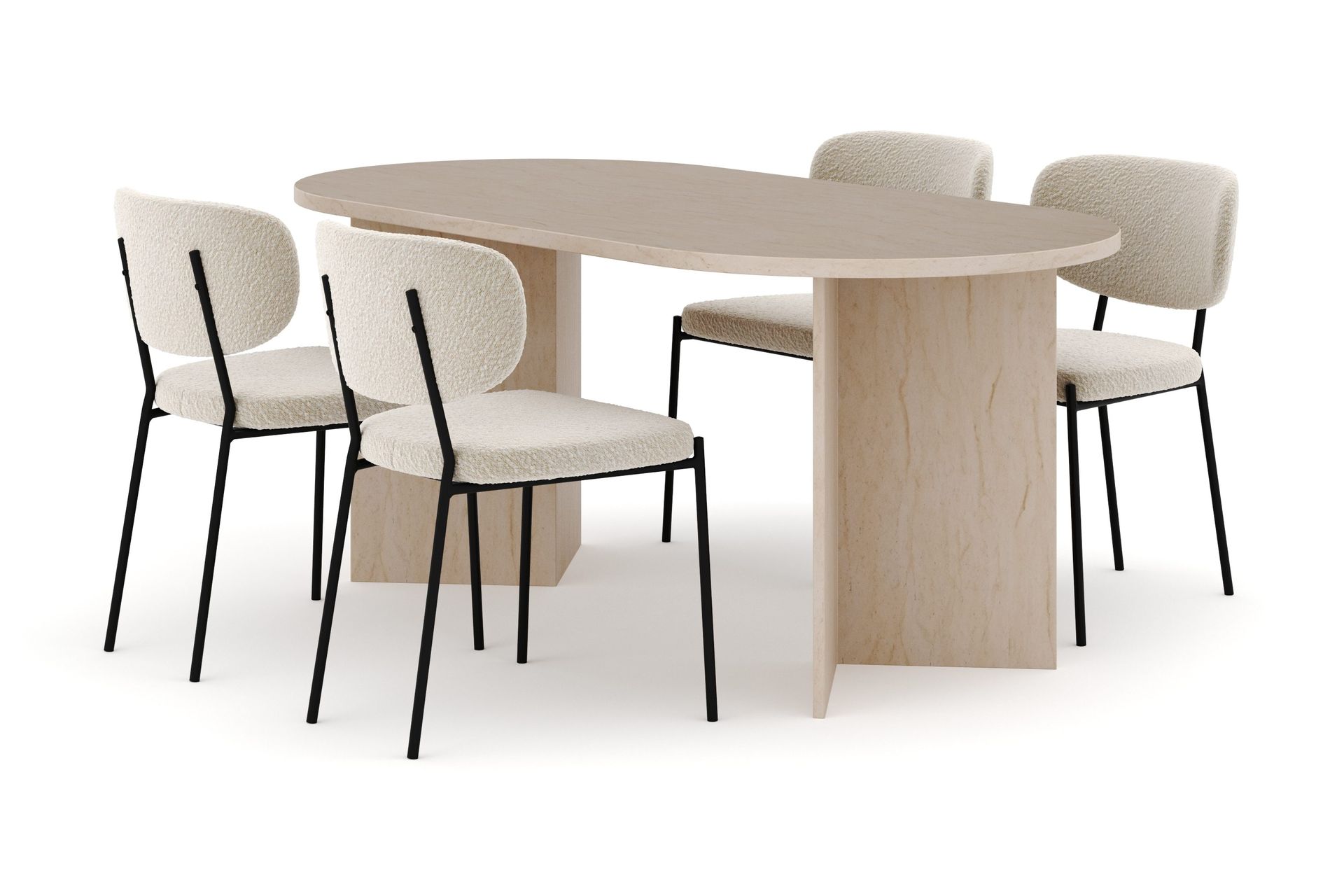 Dano Spisebord 180 cm med 4 Gemmiano Spisestoler - Travertin / Hvit Bouclé