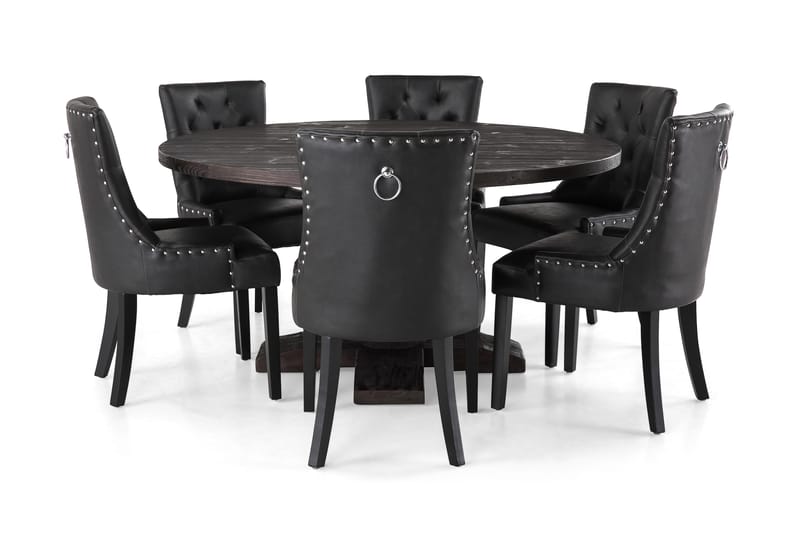 Dijon Spisegruppe 150 cm Rundt spisebord med 6 Tuva Stoler - Vintage Tre / Svart PU - Møbler - Bord - Spisegrupper