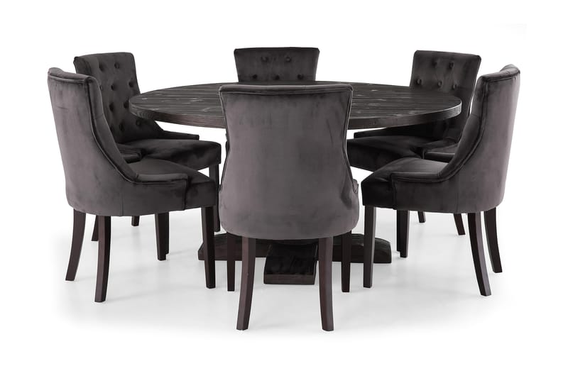 Dijon Spisegruppe 150 cm Rundt spisebord med 6 Viktoria Stoler - Vintage Tre / Grå Fløyel - Møbler - Bord - Spisegrupper
