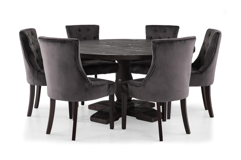 Dijon Spisegruppe 150 cm Rundt spisebord med 6 Viktoria Stoler - Vintage Tre / Grå Fløyel - Møbler - Bord - Spisegrupper