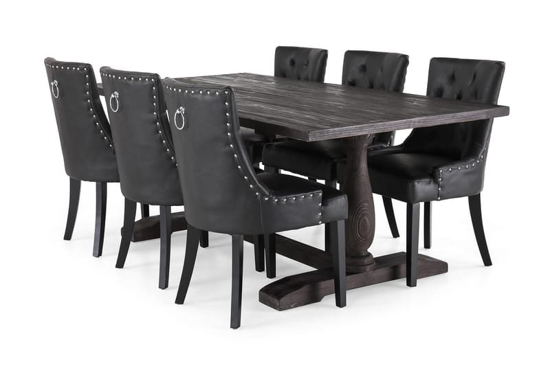Dijon Spisegruppe 200 cm Rektangulært Spisebord med 6 Tuva Stoler - Vintage Tre / Svart PU - Møbler - Bord - Spisegrupper