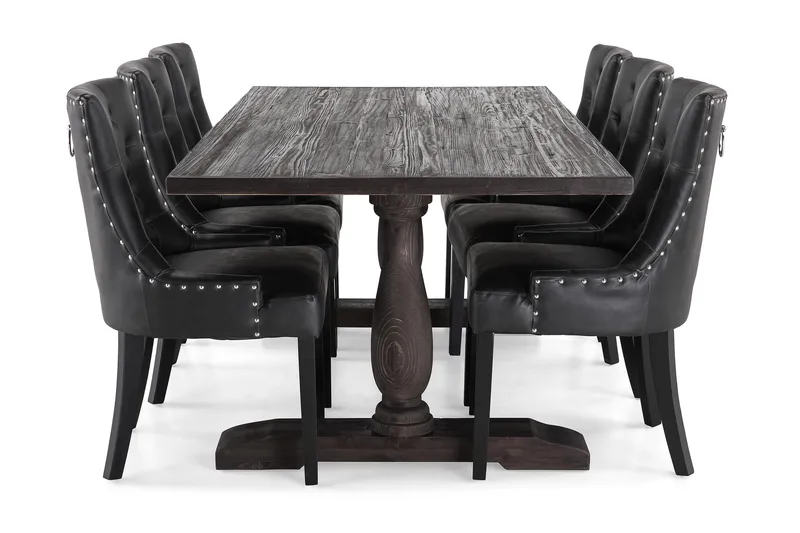 Dijon Spisegruppe 200 cm Rektangulært Spisebord med 6 Tuva Stoler - Vintage Tre / Svart PU - Møbler - Bord - Spisegrupper