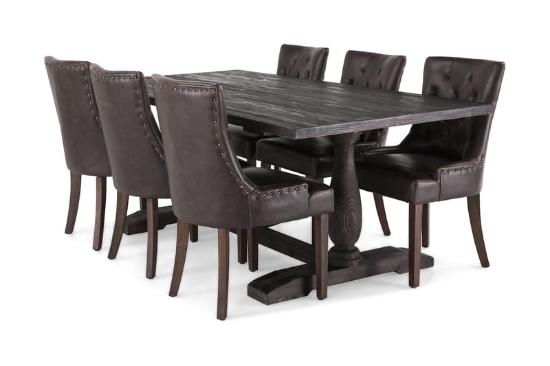 Dijon Spisegruppe 200 cm Rektangulært uttrekkbart bord med 6 Stoler, Vintage Tre / Brun PU