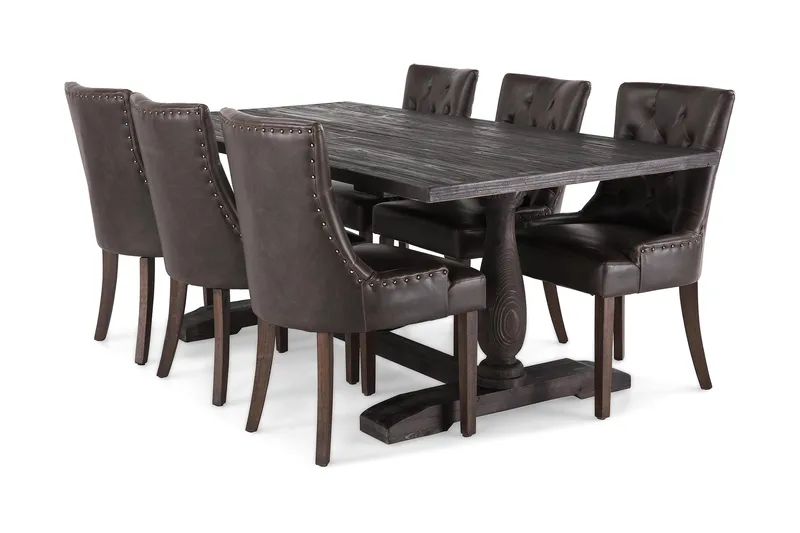 Dijon Spisegruppe 200 cm Rektangulært uttrekkbart bord med 6 Stoler - Vintage Tre / Brun PU - Møbler - Bord - Spisegrupper