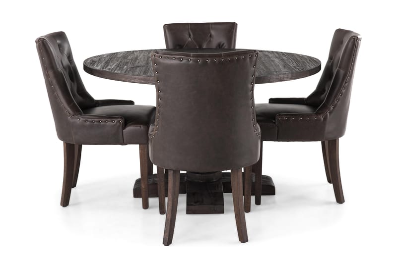 Dijon Spisegruppe Rund 130 cm med 4 Tuva Stol - Vintage Tre/Brun PU - Møbler - Bord - Spisegrupper