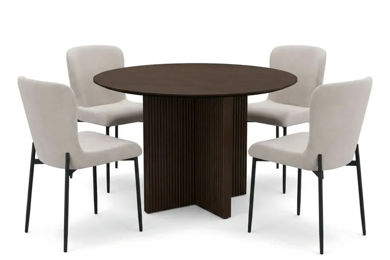 Edda spisegruppe rund 110 cm røkt eik med 4 Elsie spisestoler, Røkt eik/beige