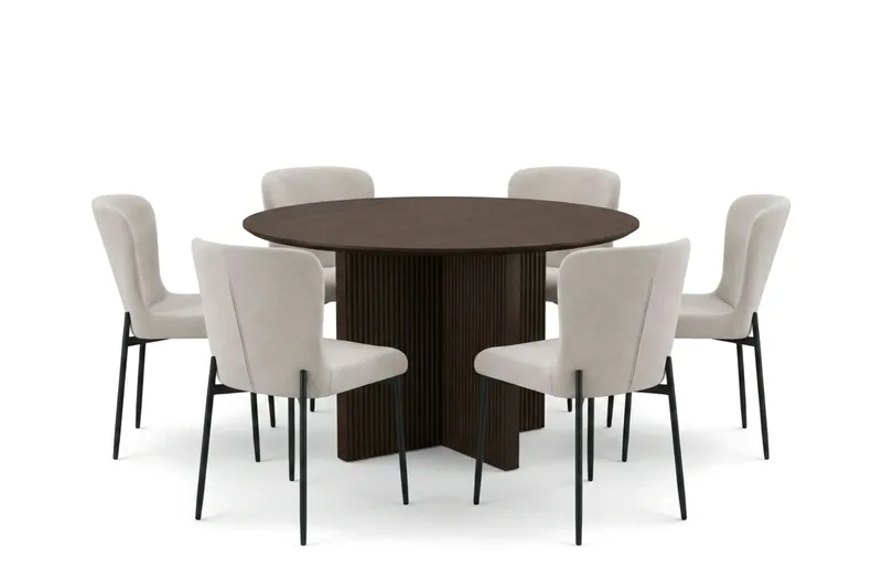 Edda spisegruppe rund 130 cm røkt eik med 6 Elsie spisestoler, Røkt eik/beige