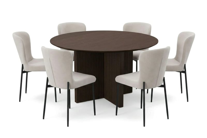 Edda spisegruppe rund 130 cm røkt eik med 6 Elsie spisestoler - Røkt eik/beige - Møbler - Bord - Spisegrupper