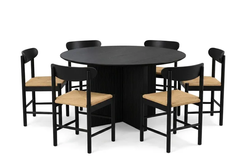 Edda spisegruppe rund 130 cm svart med 6 Malte spisestoler