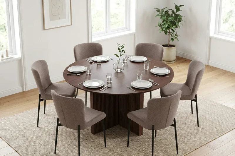 Edda spisegruppe rund 130 cm valnøtt med 6 Elsie spisestoler - Valnøtt/grå - Møbler - Bord - Spisegrupper