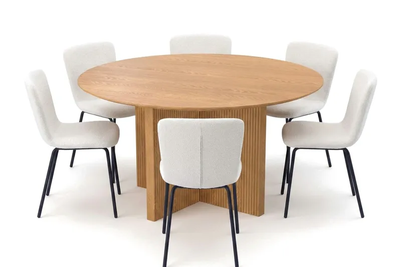 Edda spisegruppe rundt 150 cm eik med 6 Katy spisestoler, Eik