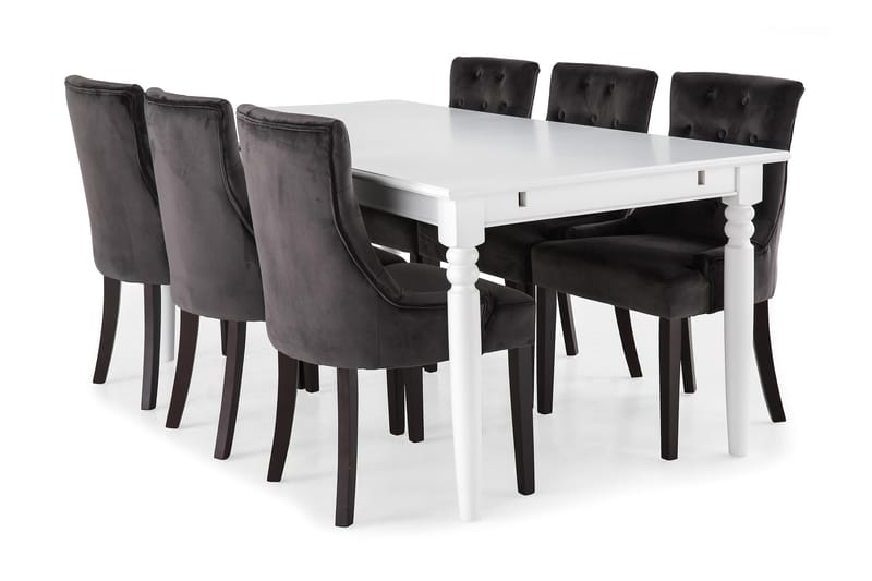 Hampton Spisegruppe 190 cm med 6 Viktoria Lenestol - Hvit/Grå Sammet - Møbler - Bord - Spisegrupper