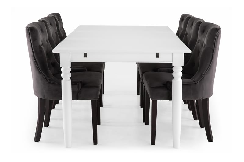 Hampton Spisegruppe 190 cm med 6 Viktoria Lenestol - Hvit/Grå Sammet - Møbler - Bord - Spisegrupper