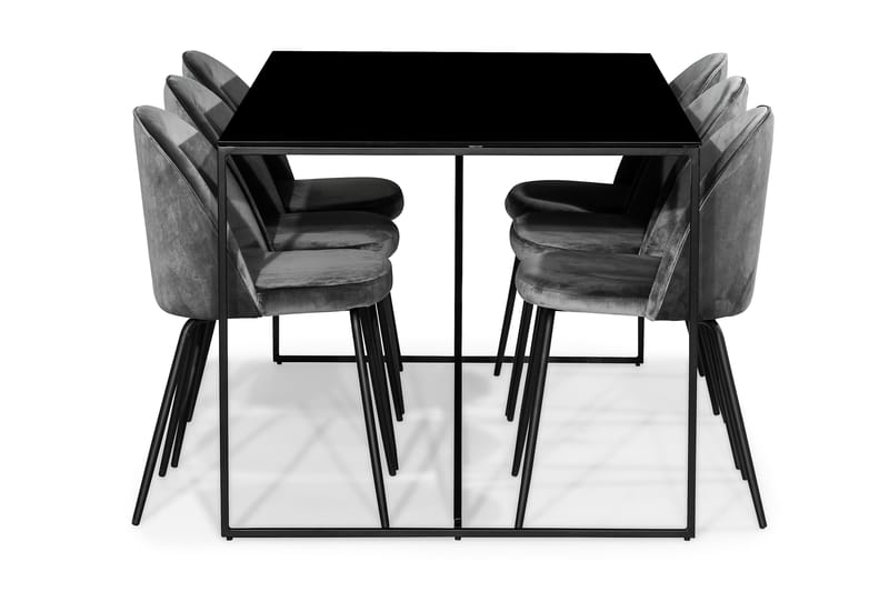 Indy Spisegruppe med 6 Felipe Stoler Fløyel - Glass/Metall/Grå/Svart - Møbler - Bord - Spisegrupper