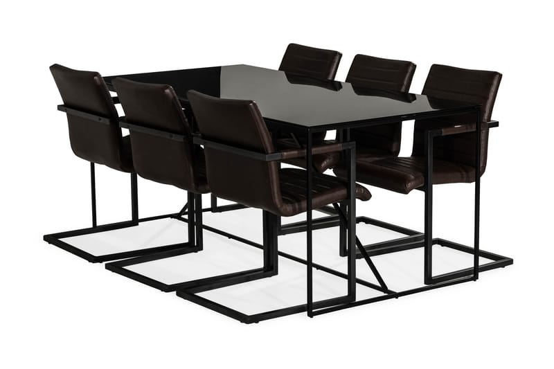 Indy Spisegruppe med 6 House Stoler - Glass/Metall/Mørkebrun PU - Møbler - Bord - Spisegrupper