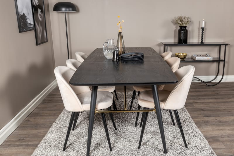 Irunea Forlengningsbar Spisegruppe 180 cm inkl. 6 Valeri Sto - Svart/Beige/Fløyel - Møbler - Bord - Spisegrupper
