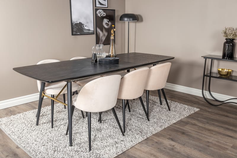 Irunea Forlengningsbar Spisegruppe 180 cm inkl. 6 Valeri Sto - Svart/Beige/Fløyel - Møbler - Bord - Spisegrupper