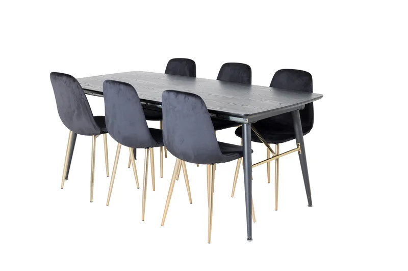 Irunea Forlengningsbar Spisegruppe 180 cm inkl. 6 Pontus Sto, Svart/Messing/Fløyel