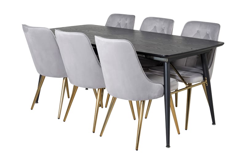 Irunea Forlengningsbar Spisegruppe 180cm inkl 6 Valera Lyx S, Svart/Grå/Messing
