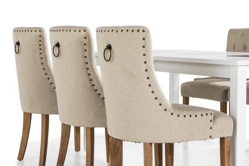 Jasmin Spisegruppe Hvit med 6 Viktoria Stoler - Beige/Vintageben - Møbler - Bord - Spisegrupper