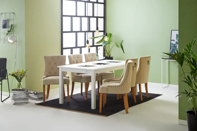 Jasmin Spisegruppe Hvit med 6 Viktoria Stoler - Beige/Vintageben - Møbler - Bord - Spisegrupper