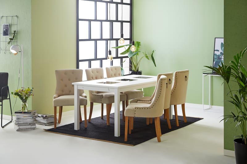 Jasmin Spisegruppe Hvit med 6 Viktoria Stoler - Beige/Vintageben - Møbler - Bord - Spisegrupper