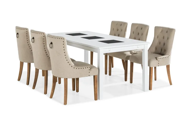 Jasmin Spisegruppe Hvit med 6 Viktoria Stoler, Beige/Vintageben