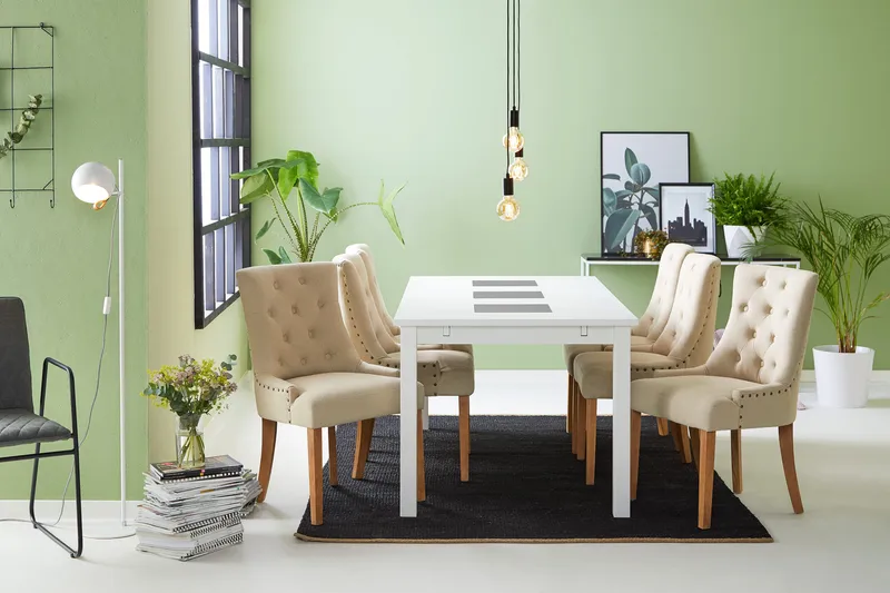 Jasmin Spisegruppe Hvit med 6 Viktoria Stoler - Beige/Vintageben - Møbler - Bord - Spisegrupper