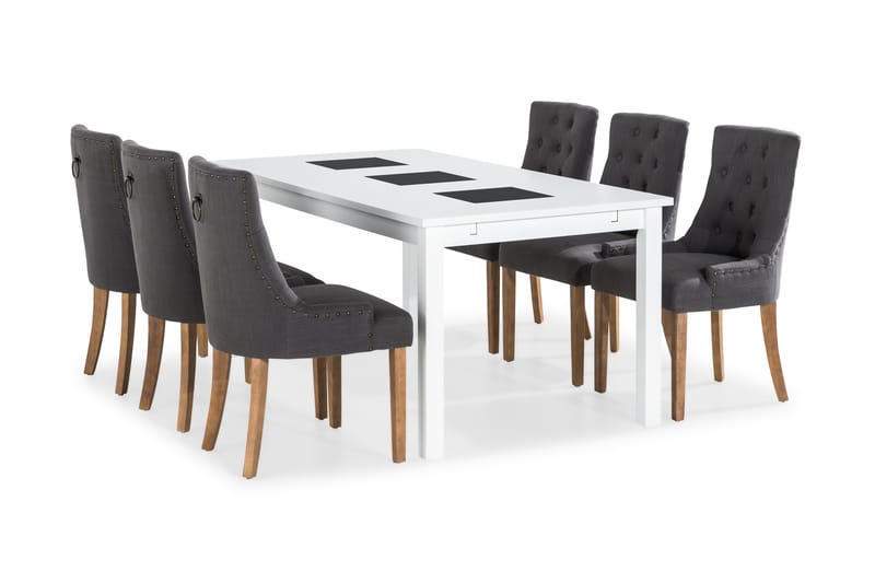 Jasmin Spisegruppe Hvit med 6 Viktoria Stoler - Grå/Vintageben - Møbler - Bord - Spisegrupper