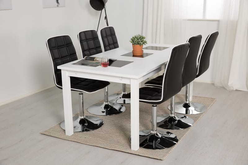 Jasmin Spisegruppe med 6 Frida Stoler - Hvit/Sort PU - Møbler - Bord - Spisegrupper