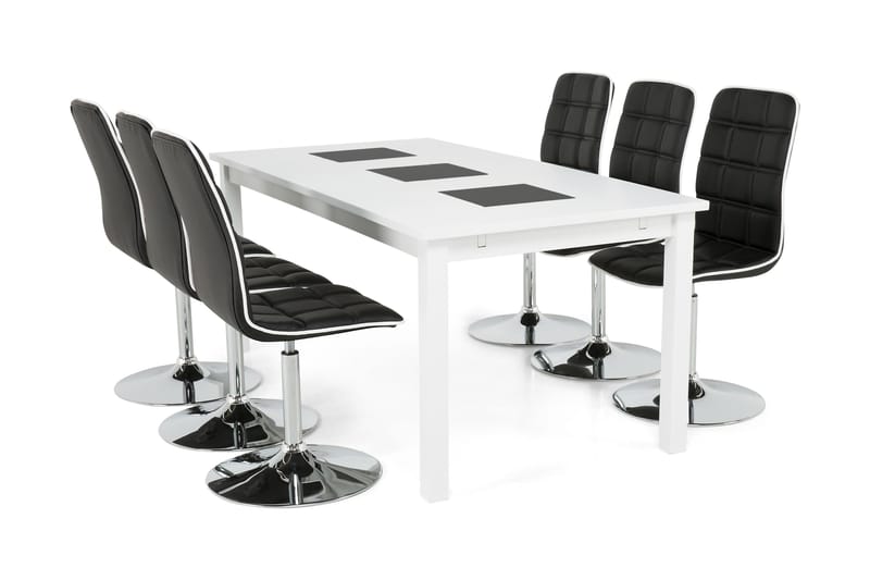 Jasmin Spisegruppe med 6 Frida Stoler - Hvit/Sort PU - Møbler - Bord - Spisegrupper